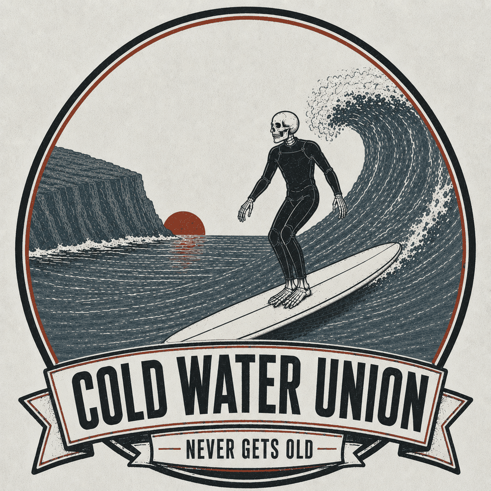 Cold Water Union — a skeleton surfing a longboard on a cold grey wave, with a headland and setting sun behind. Never gets old.